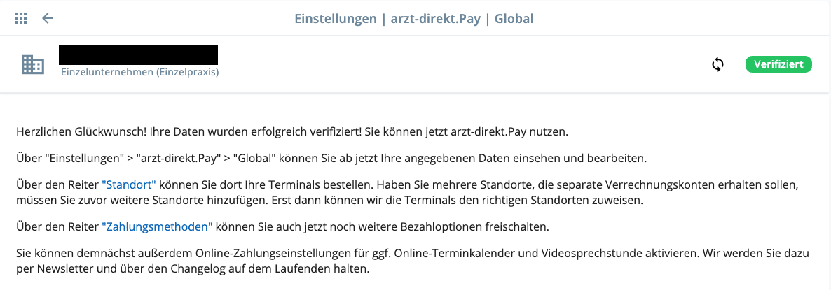 Arzt-Direkt.pay Verifizierung Erfolgreich