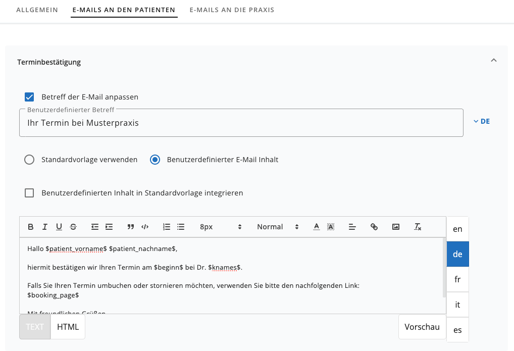 arzt direkt handbuch otk2 e mails vorlage anpassen