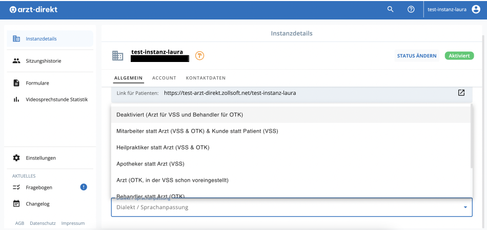 Terminartenabhängige Einstellungen Sprachanpassung