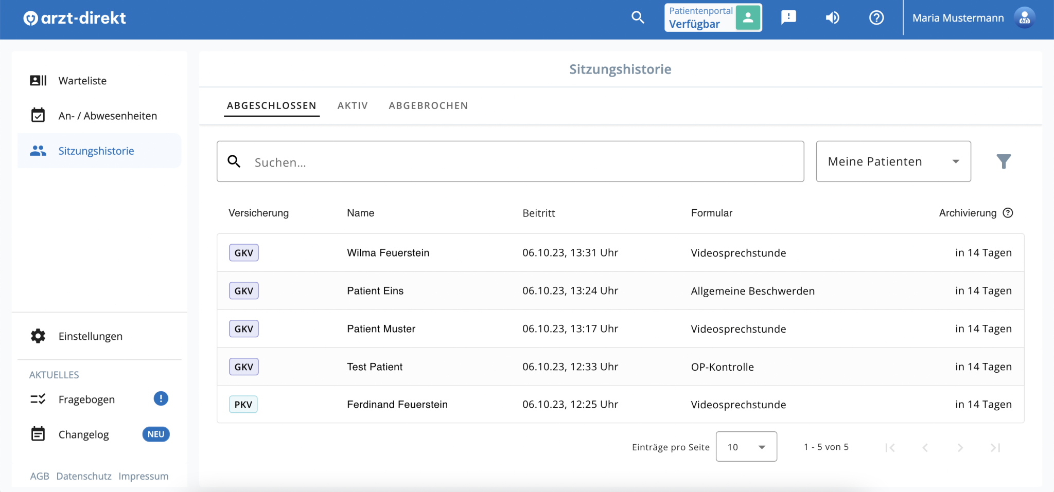 Arzt Direkt Handbuch Sitzungen Sitzungshistorie Uebersicht