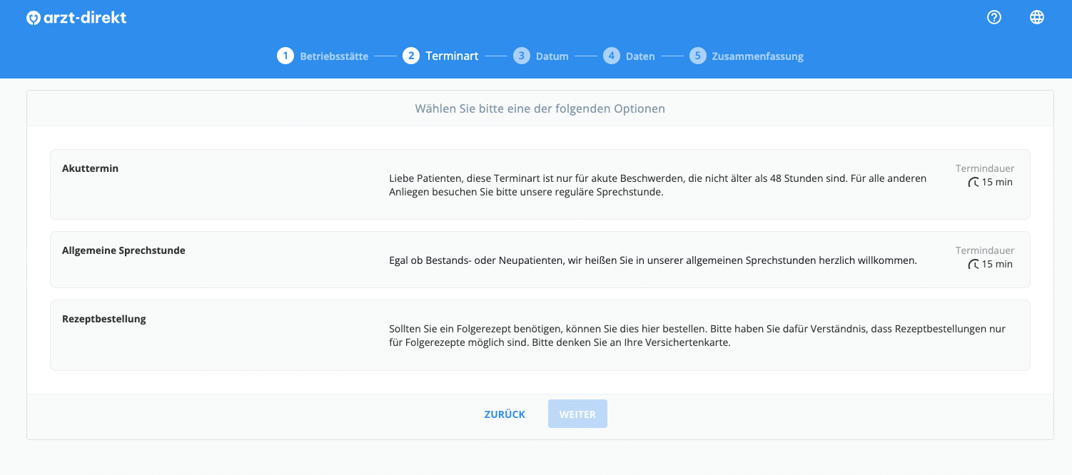 Terminarten im Online-Kalender für Ärzte